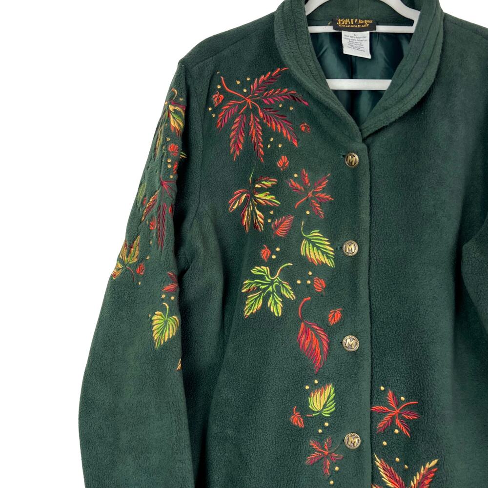 Bob Mackie Embroidered Fleece Jacket Green Button Front Fall Leaves Women’s L - Picture 3 of 6